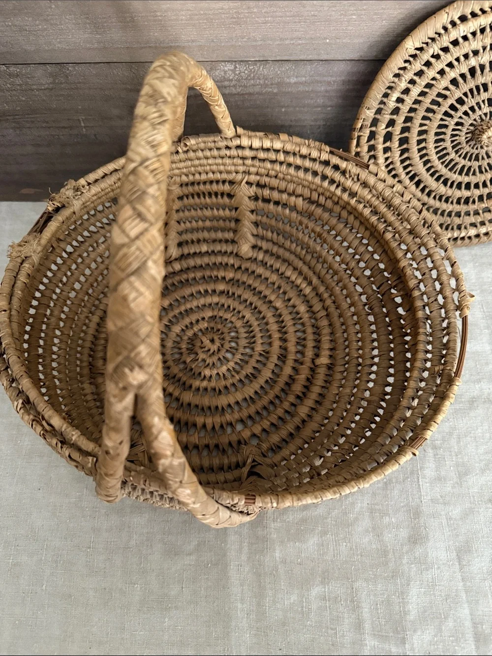 Old Hand Woven Basket with Handle & Lid
